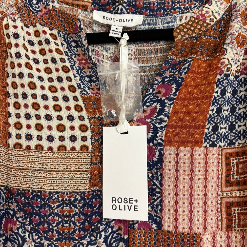Rose + Olive Patchwork Print Boho Blouse - Multic… - image 3